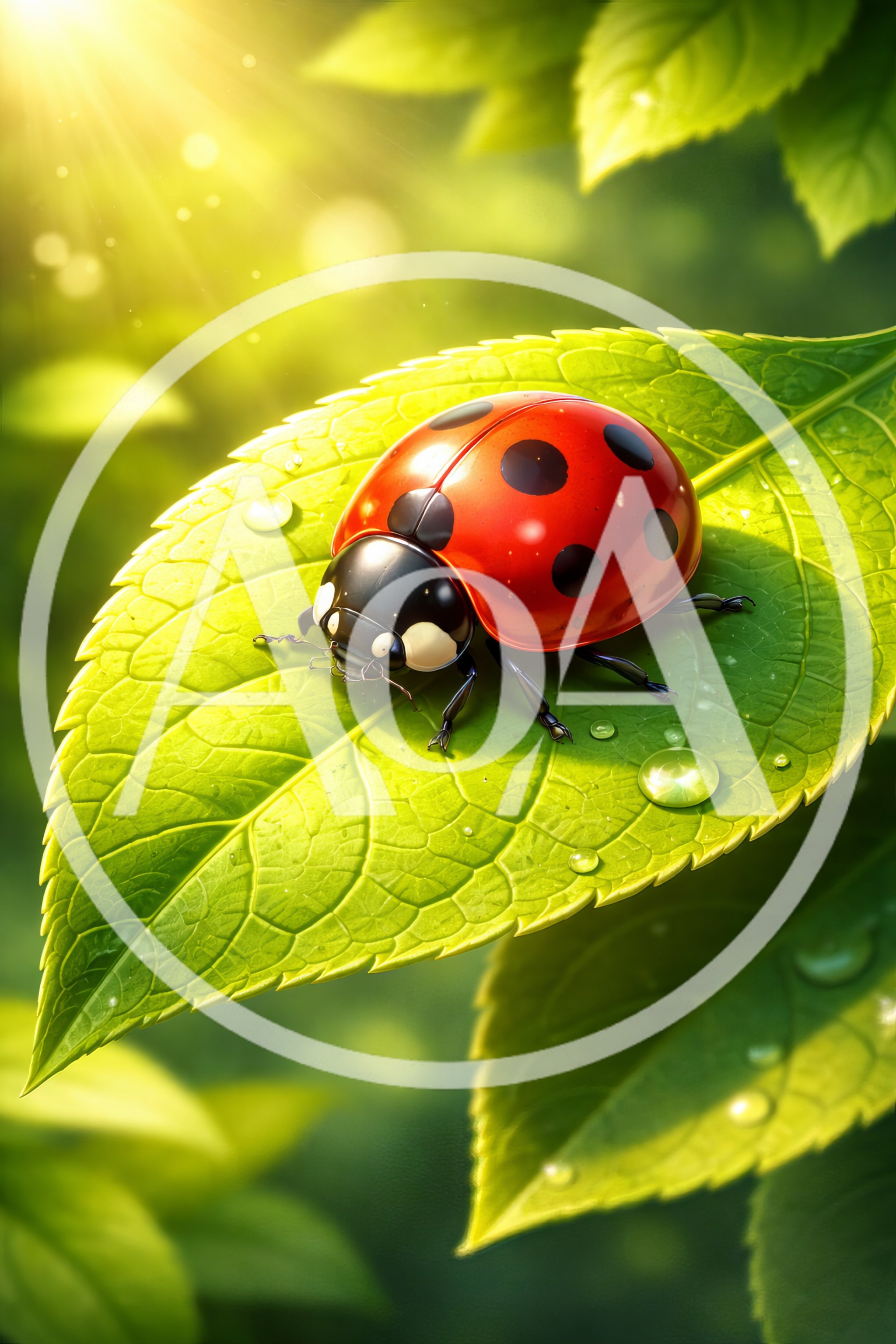 Ladybug Resting on a Dewy Green Leaf