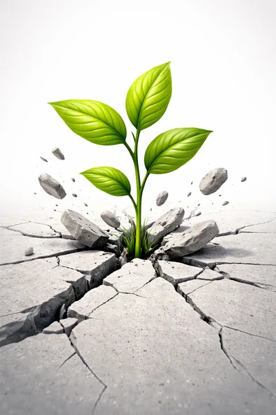 Green Plant Sprouting Through Cracked Concrete Ground
