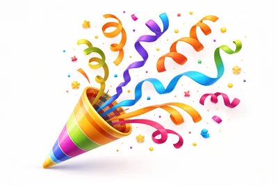 Colorful Party Popper With Confetti And Ribbons