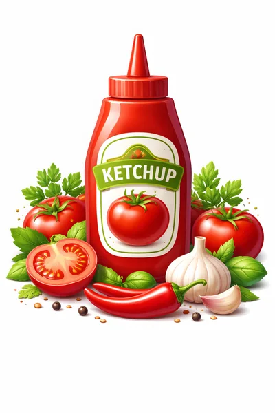 Ketchup Bottle Surrounded by Fresh Tomatoes and Spices