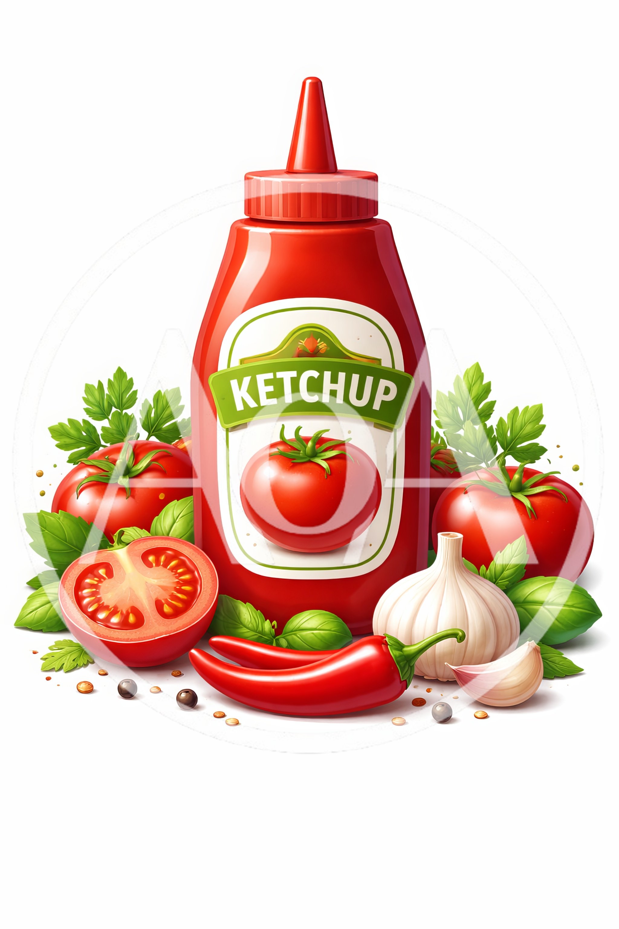 Ketchup Bottle Surrounded by Fresh Tomatoes and Spices