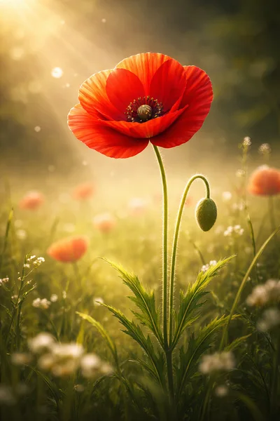 Single Red Poppy Flower in Sunlit Meadow