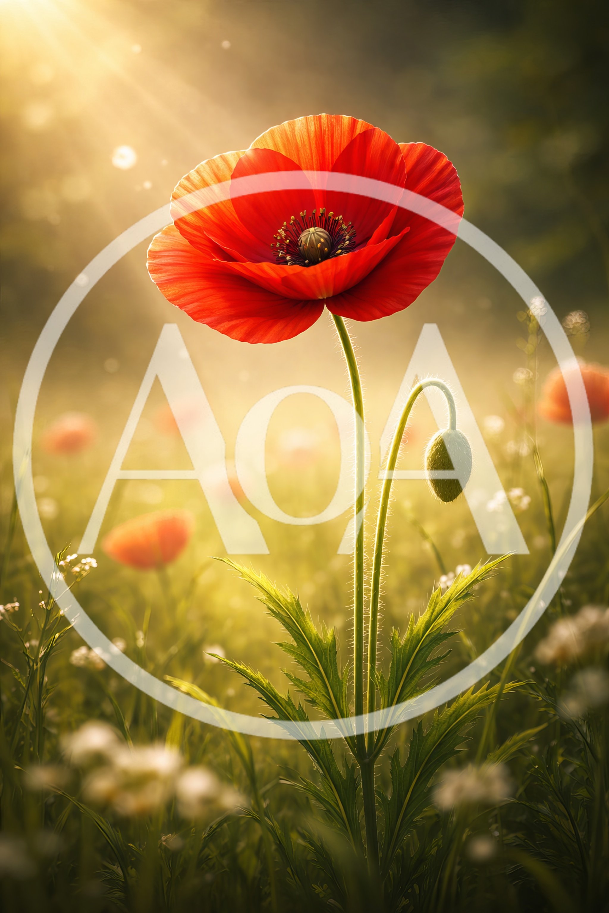 Single Red Poppy Flower in Sunlit Meadow