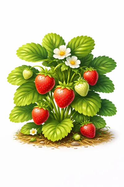 Strawberry Plant With Ripe Fruit And Blossoms