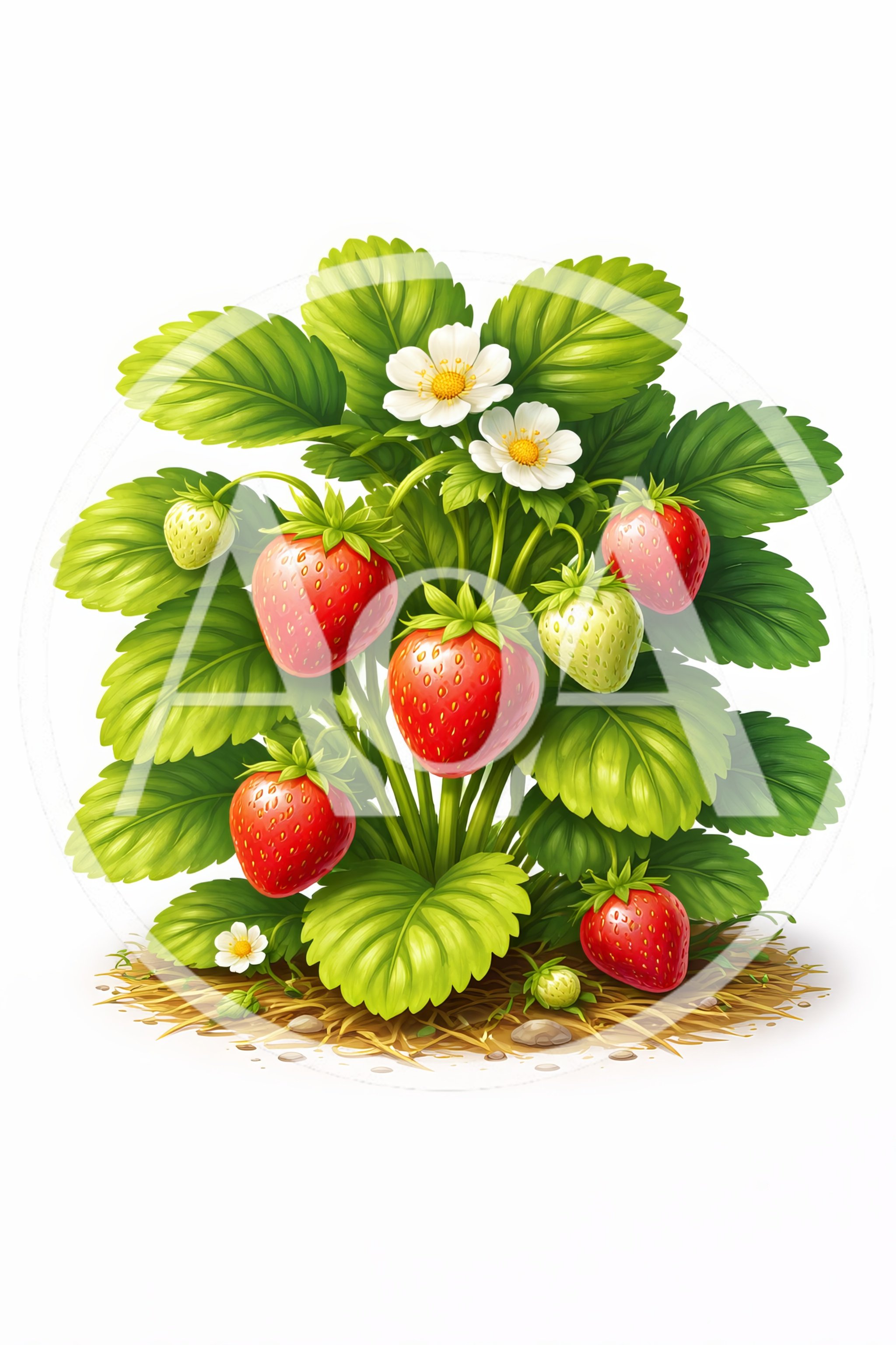 Strawberry Plant With Ripe Fruit And Blossoms