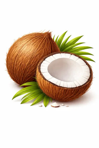 Whole And Halved Coconuts With Green Palm Leaves