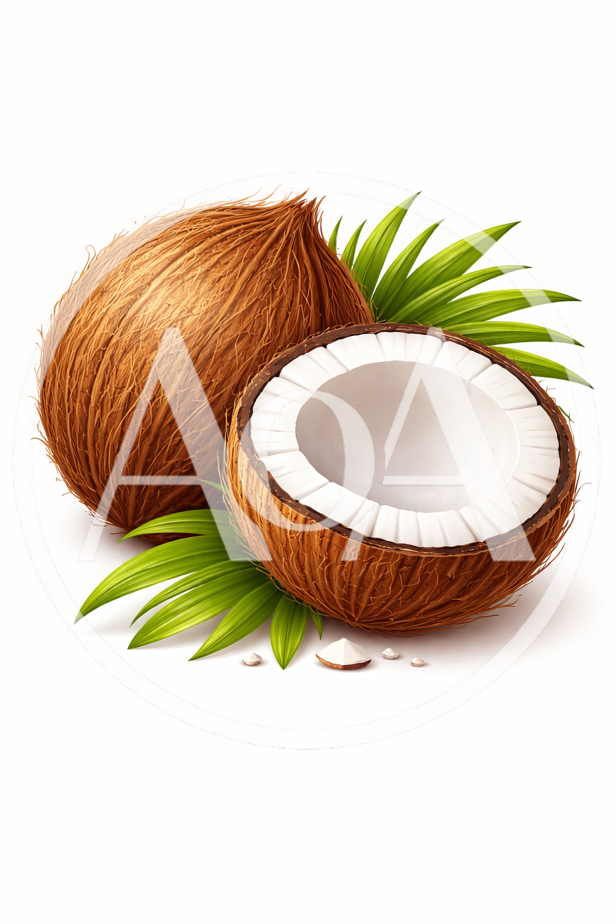 Whole And Halved Coconuts With Green Palm Leaves
