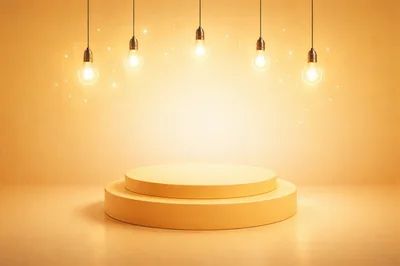 Empty Yellow Product Display Podium With Hanging Light Bulbs
