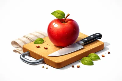 Red Apple And Kitchen Knife On Wooden Cutting Board