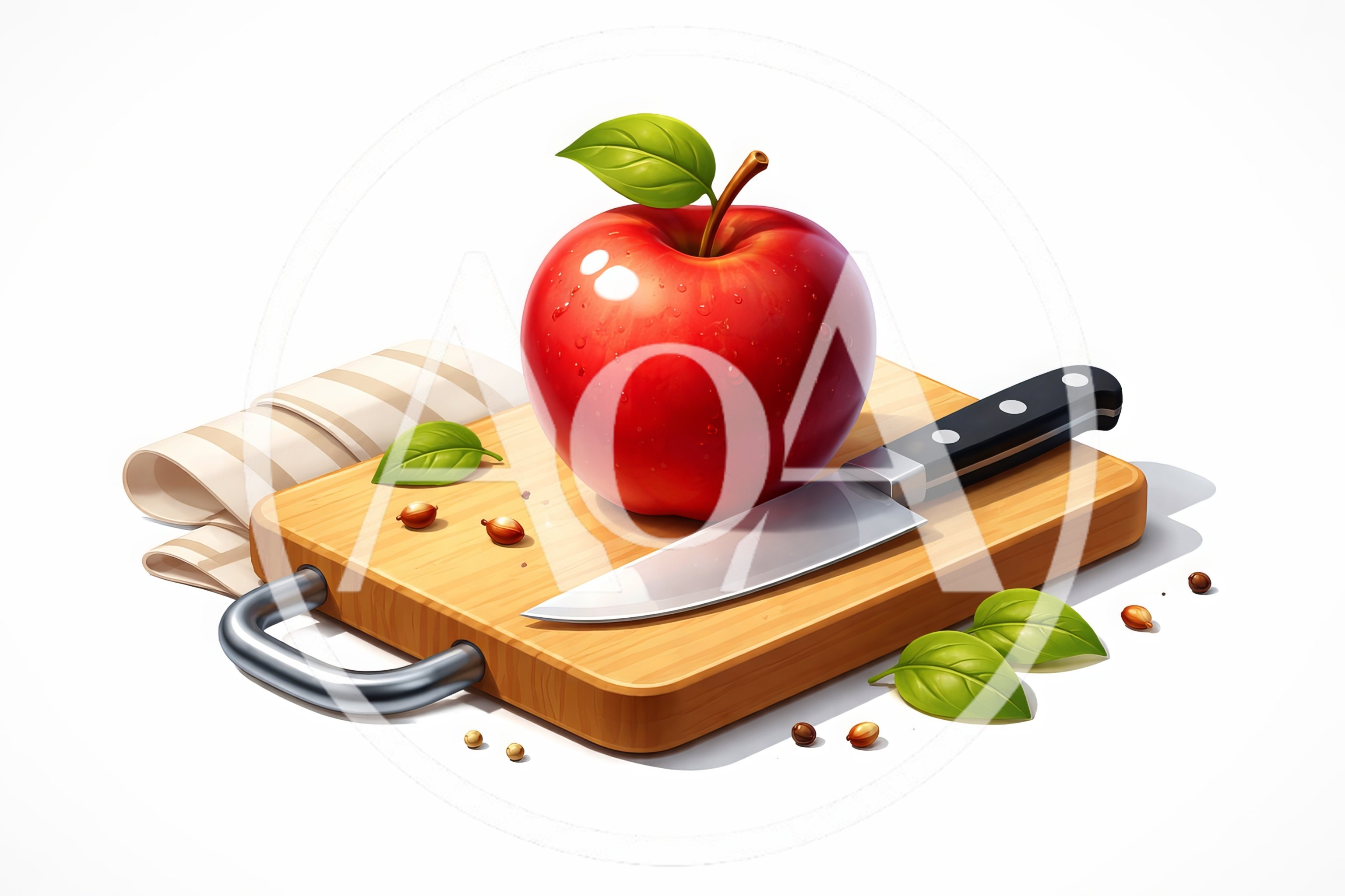 Red Apple And Kitchen Knife On Wooden Cutting Board