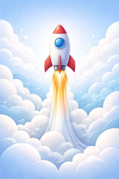 Cartoon Rocket Ship Launching Through Fluffy Clouds