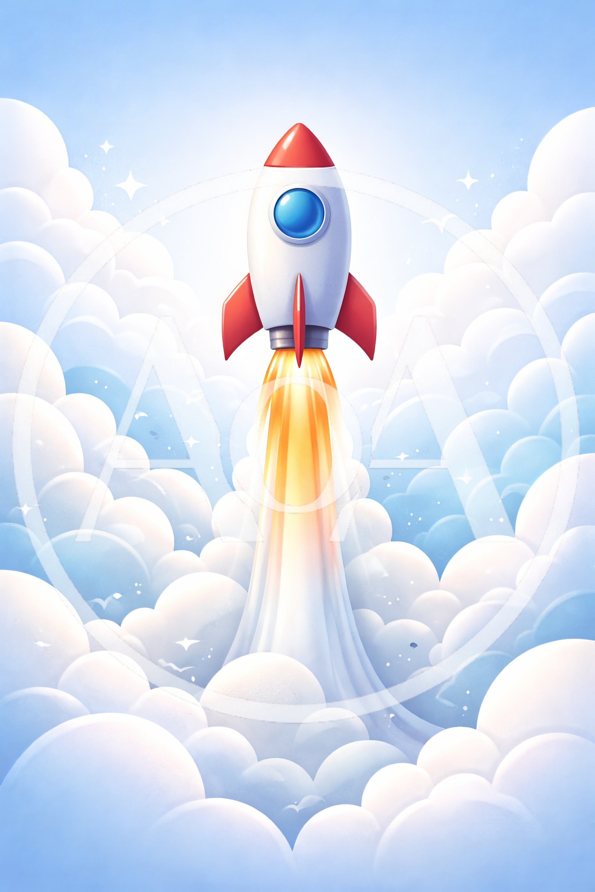 Cartoon Rocket Ship Launching Through Fluffy Clouds