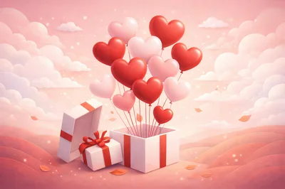 Heart Shaped Balloons Floating From An Open Gift Box