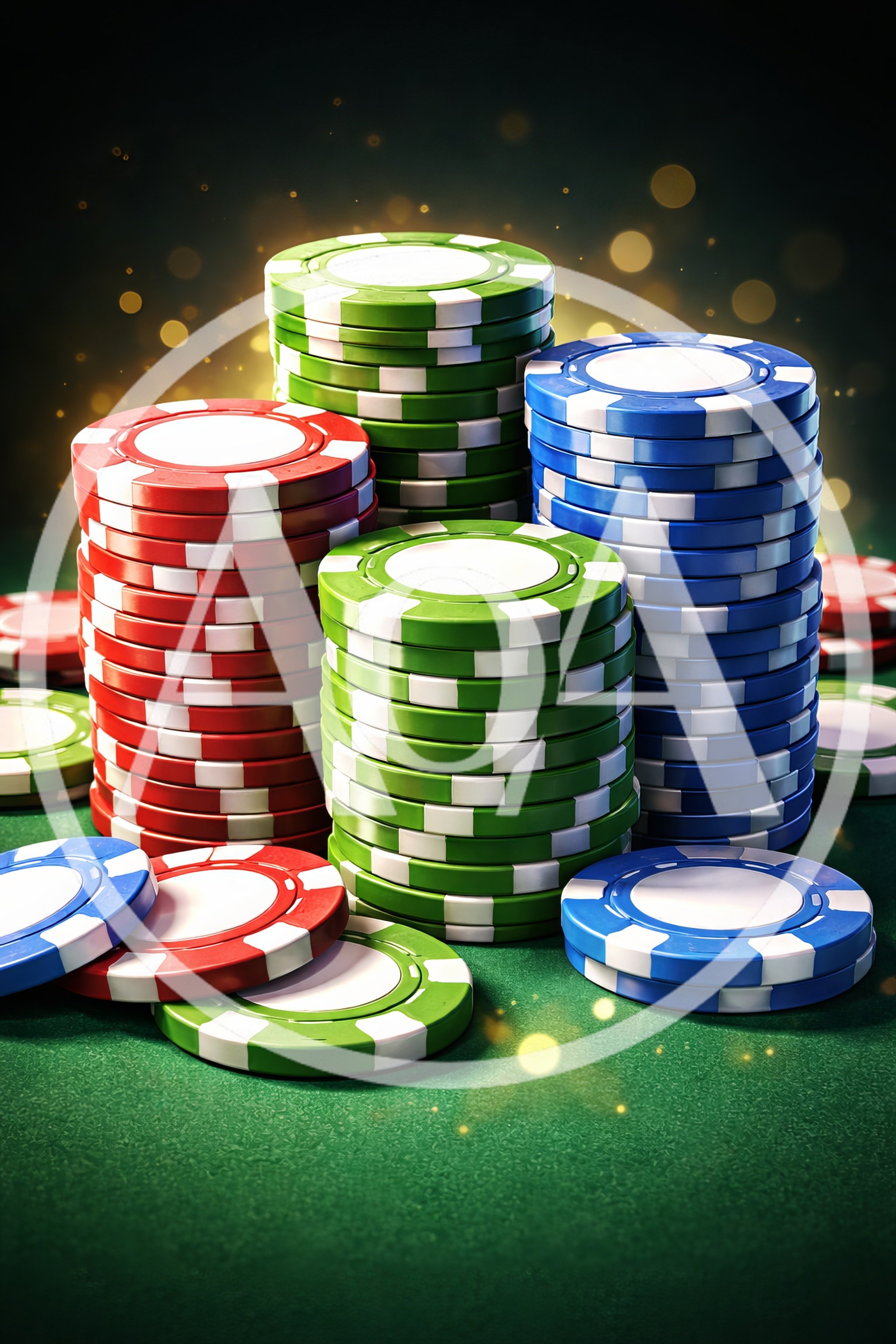 Stacks of Colorful Casino Poker Chips on Green Felt