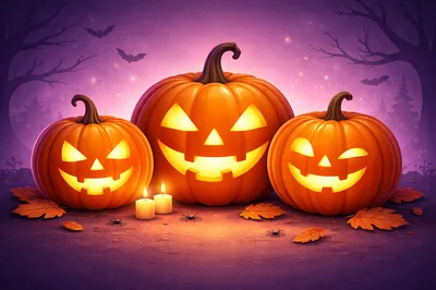 Three Glowing Jack O Lanterns On Halloween Night