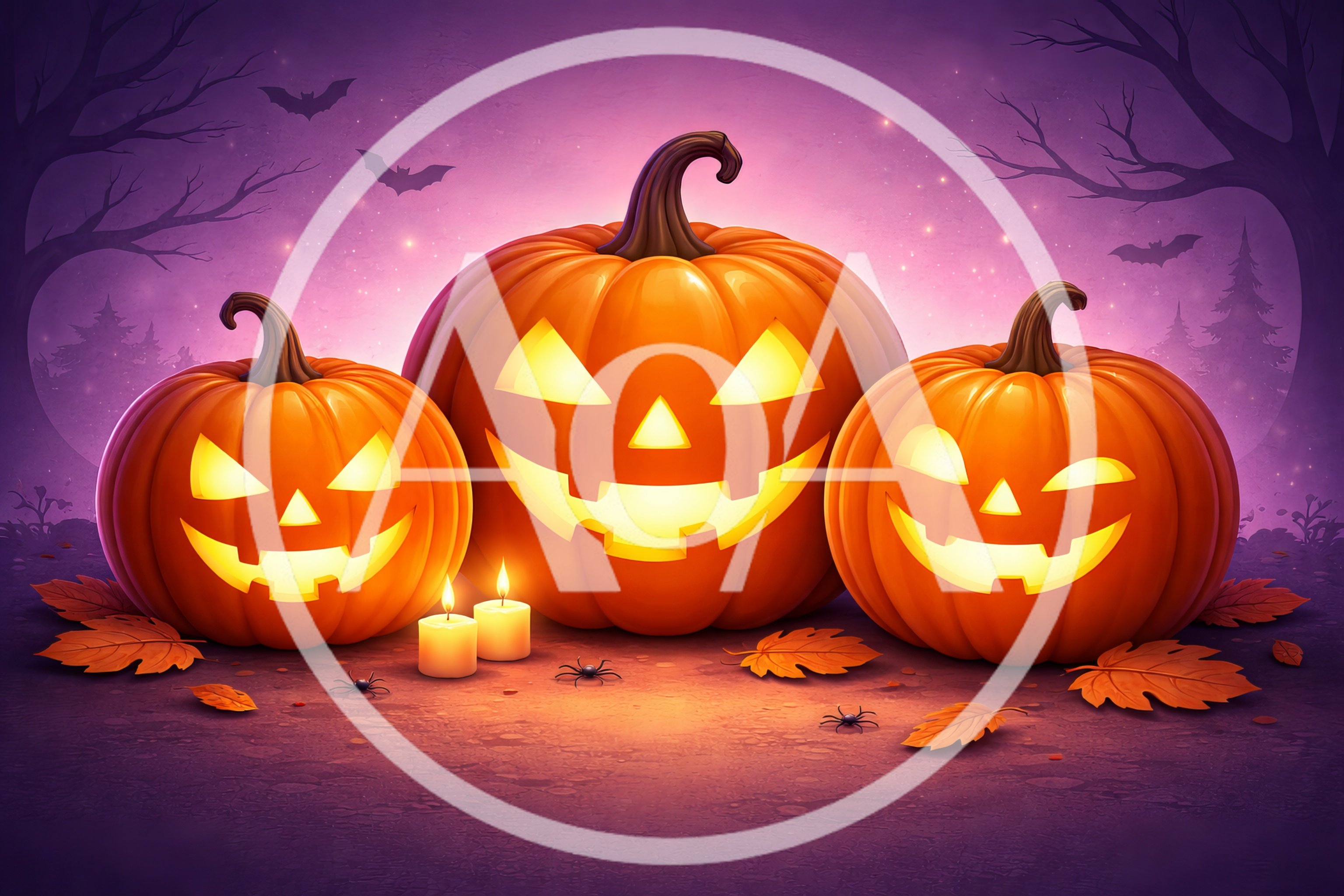 Three Glowing Jack O Lanterns On Halloween Night