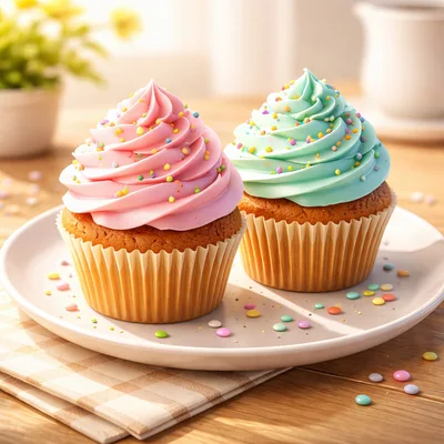 Two Decorated Cupcakes With Pink And Blue Frosting