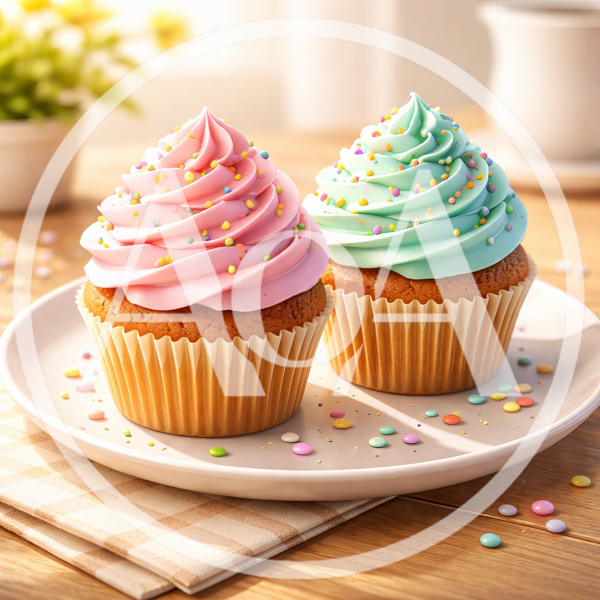 Two Decorated Cupcakes With Pink And Blue Frosting