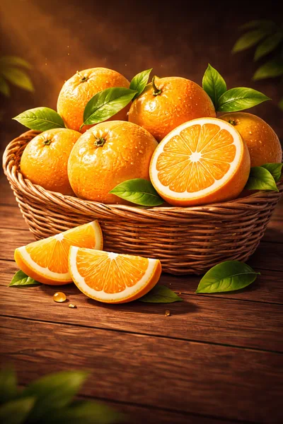 Fresh Oranges in a Wicker Basket on Wooden Table