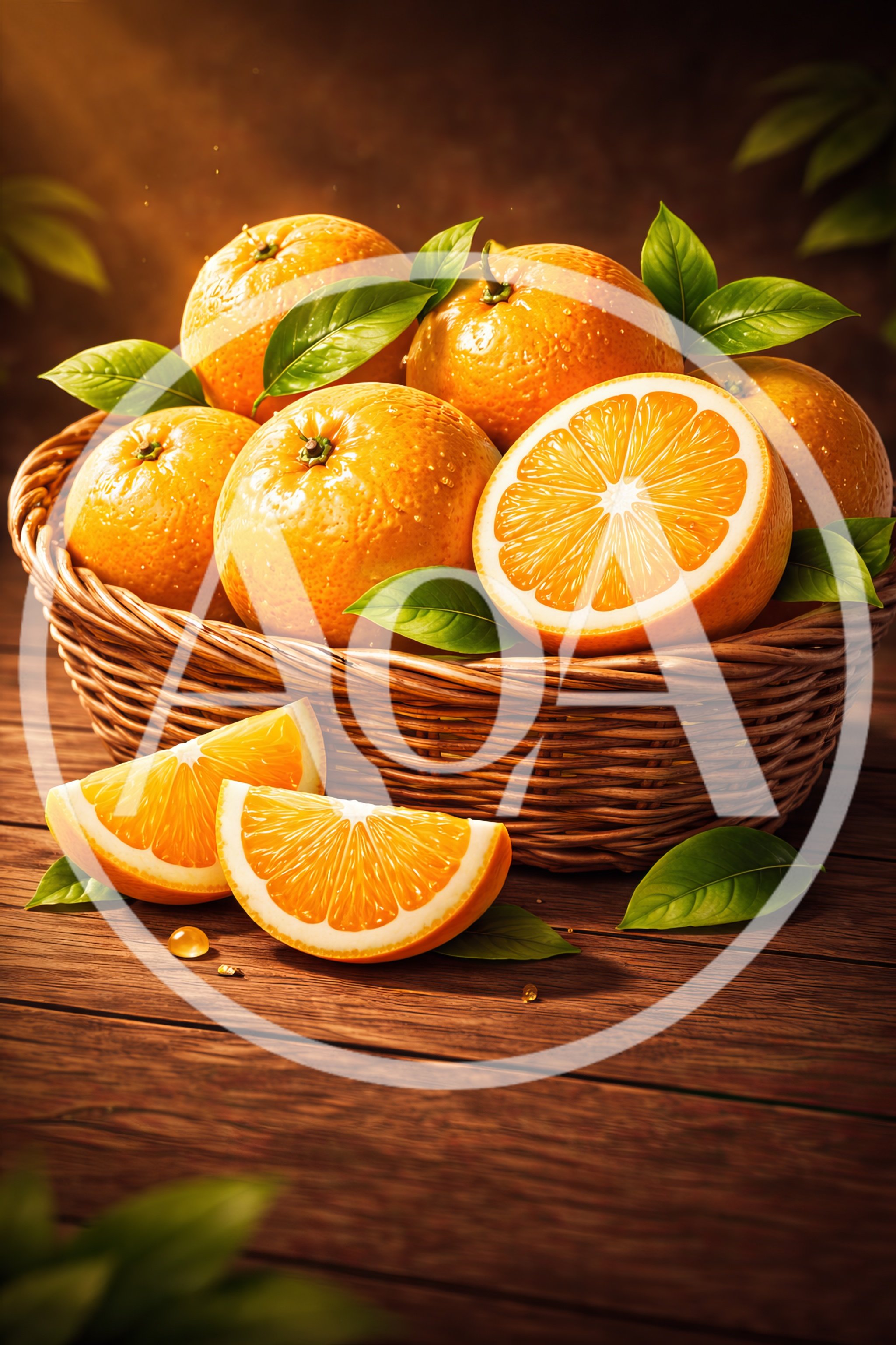 Fresh Oranges in a Wicker Basket on Wooden Table