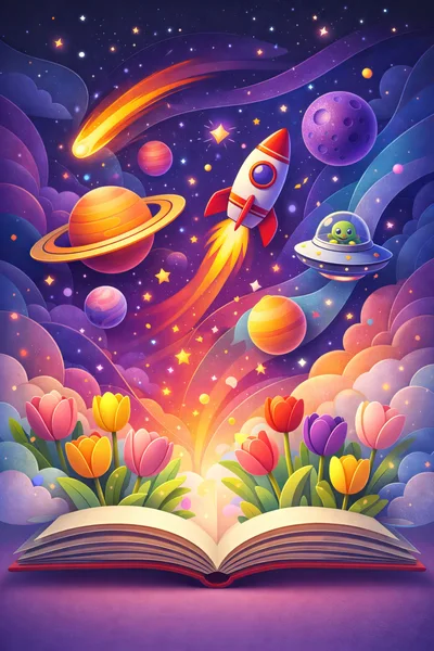 Open Book With Magical Space And Flower Illustration
