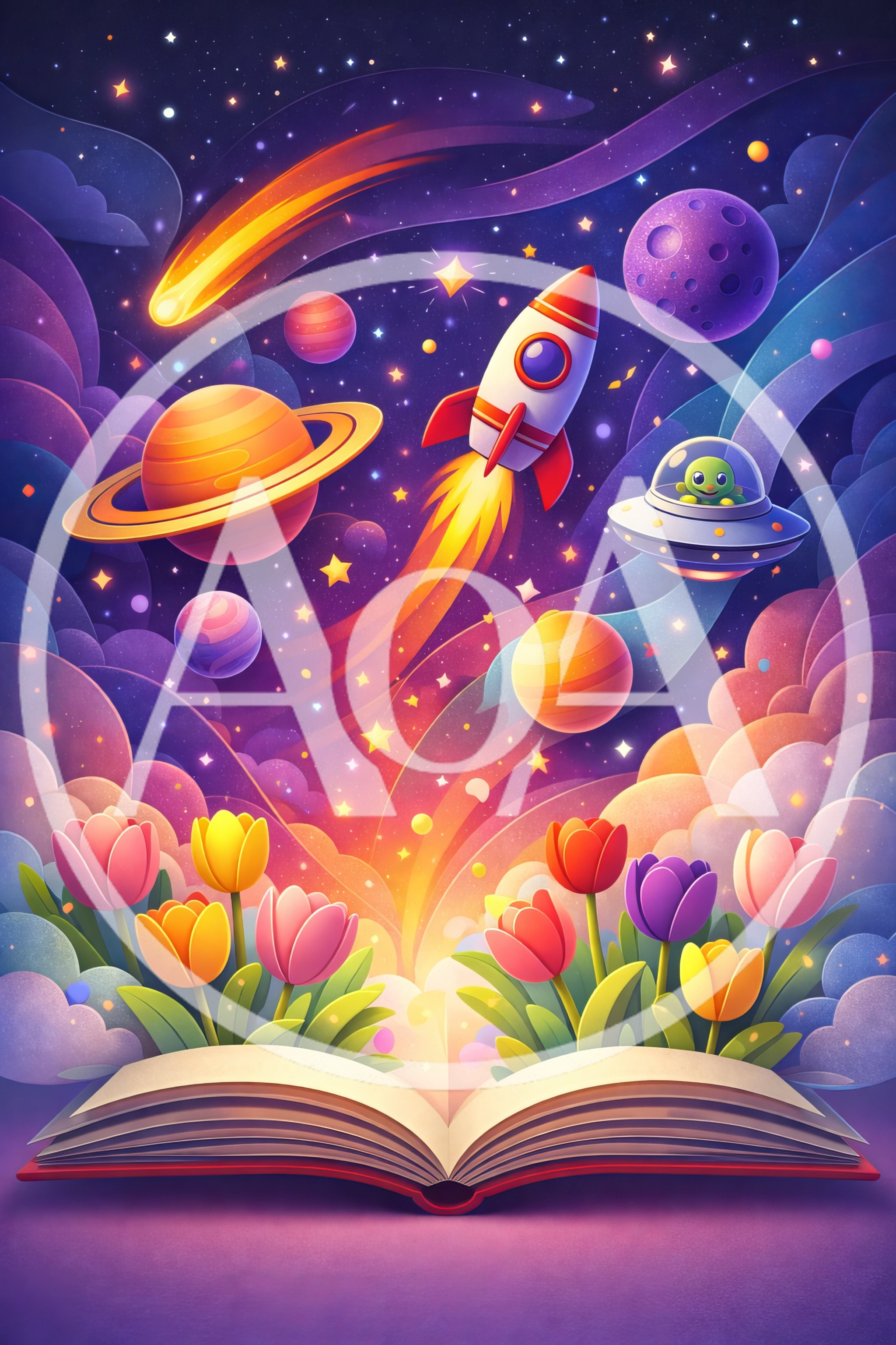 Open Book With Magical Space And Flower Illustration