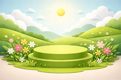Green Circular Product Display Podium in Spring Meadow