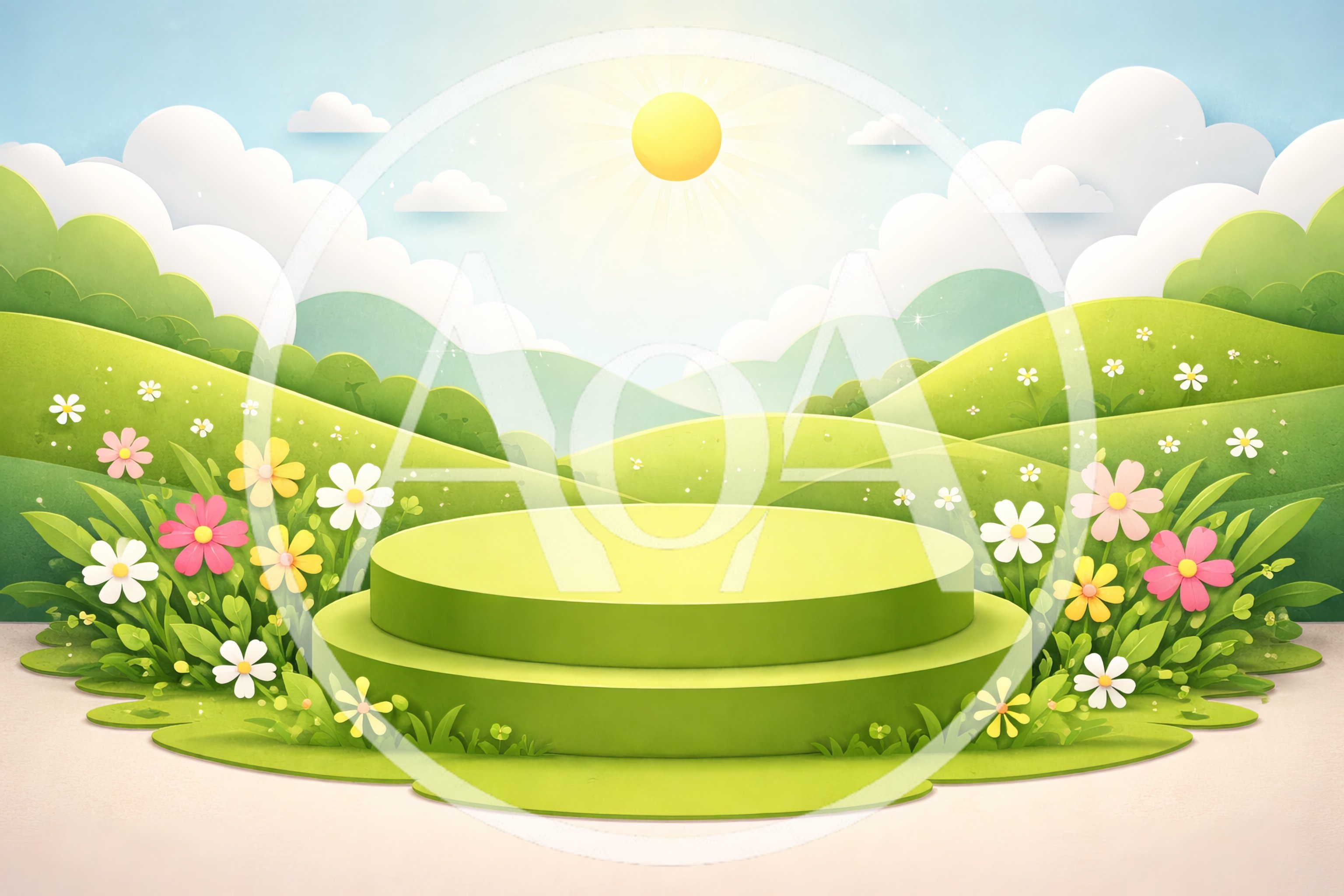 Green Circular Product Display Podium in Spring Meadow