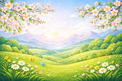 Spring Landscape With Cherry Blossoms And Rolling Hills