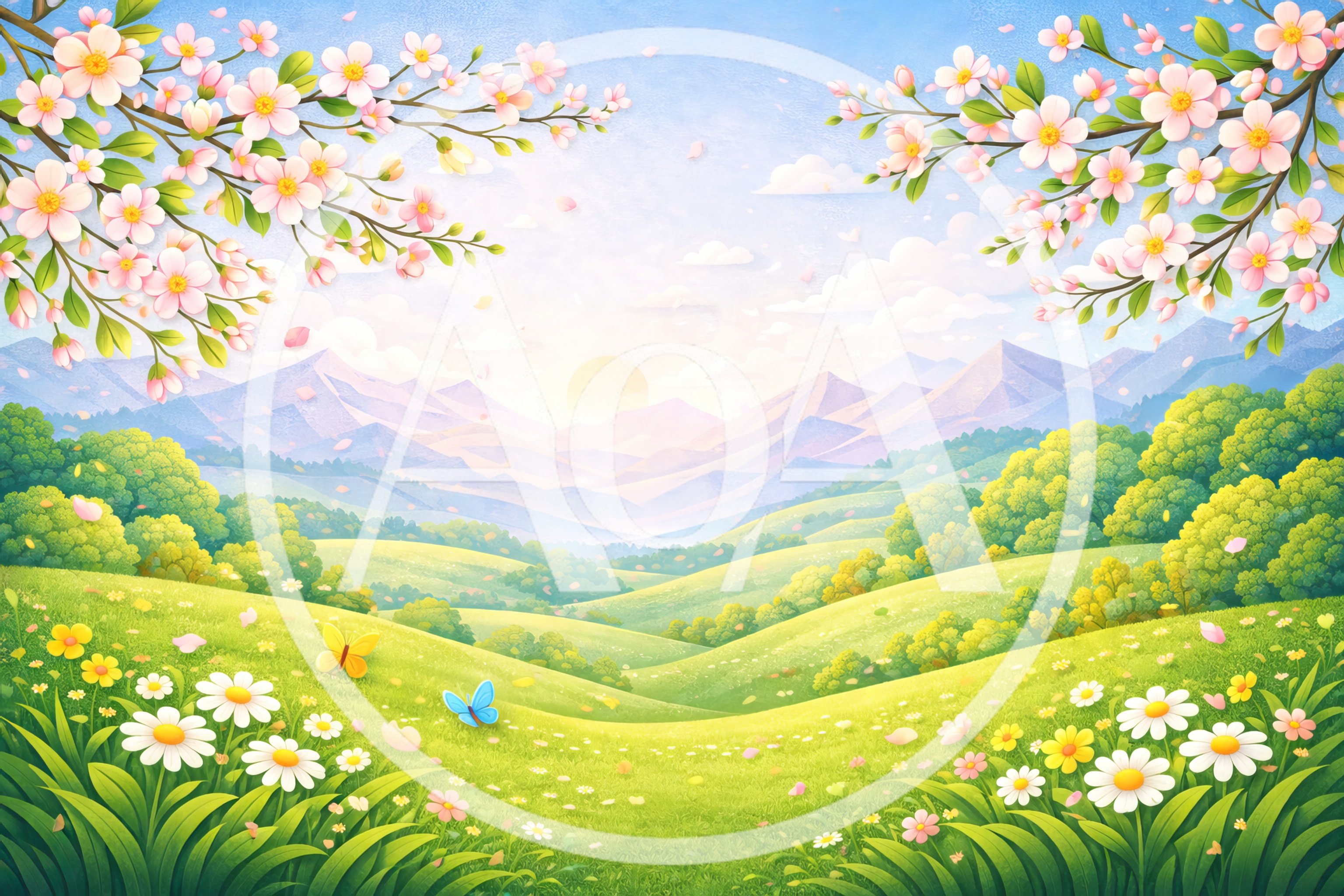 Spring Landscape With Cherry Blossoms And Rolling Hills