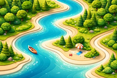 Isometric Illustration Of A Winding River Through A Forest