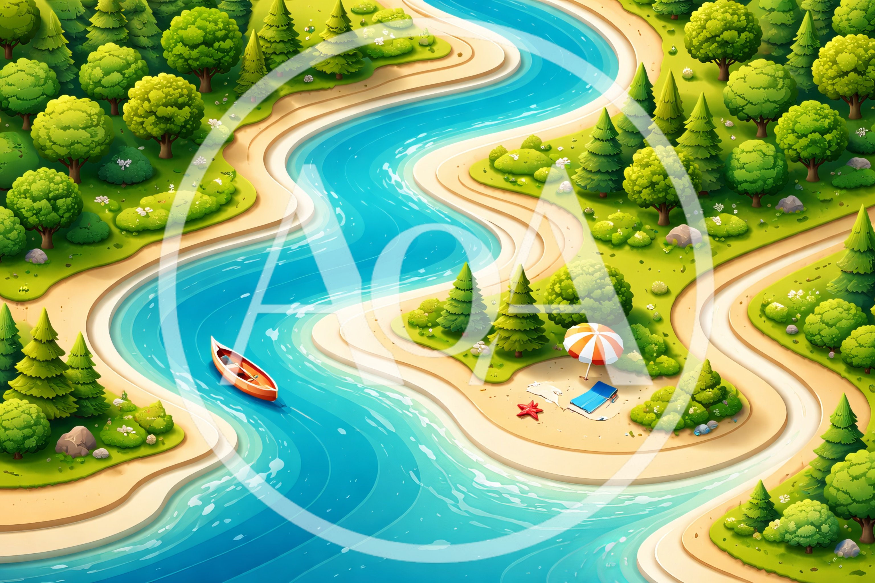 Isometric Illustration Of A Winding River Through A Forest