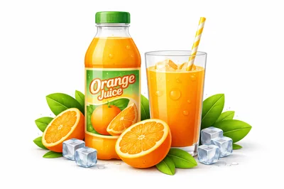 Orange Juice Bottle and Glass with Fresh Fruit