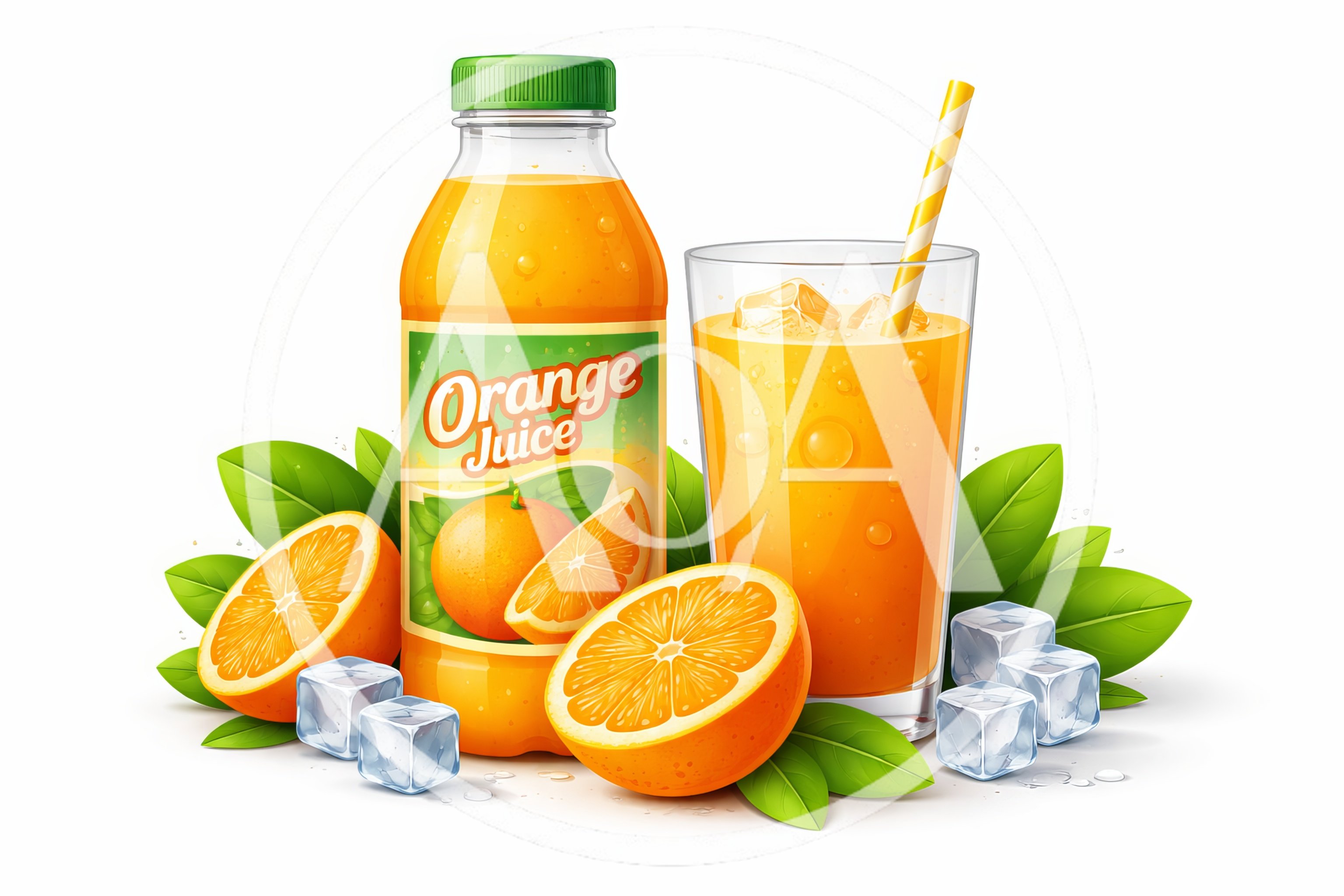 Orange Juice Bottle and Glass with Fresh Fruit