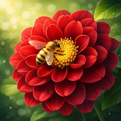 Honey Bee Pollinating A Vibrant Red Dahlia Flower