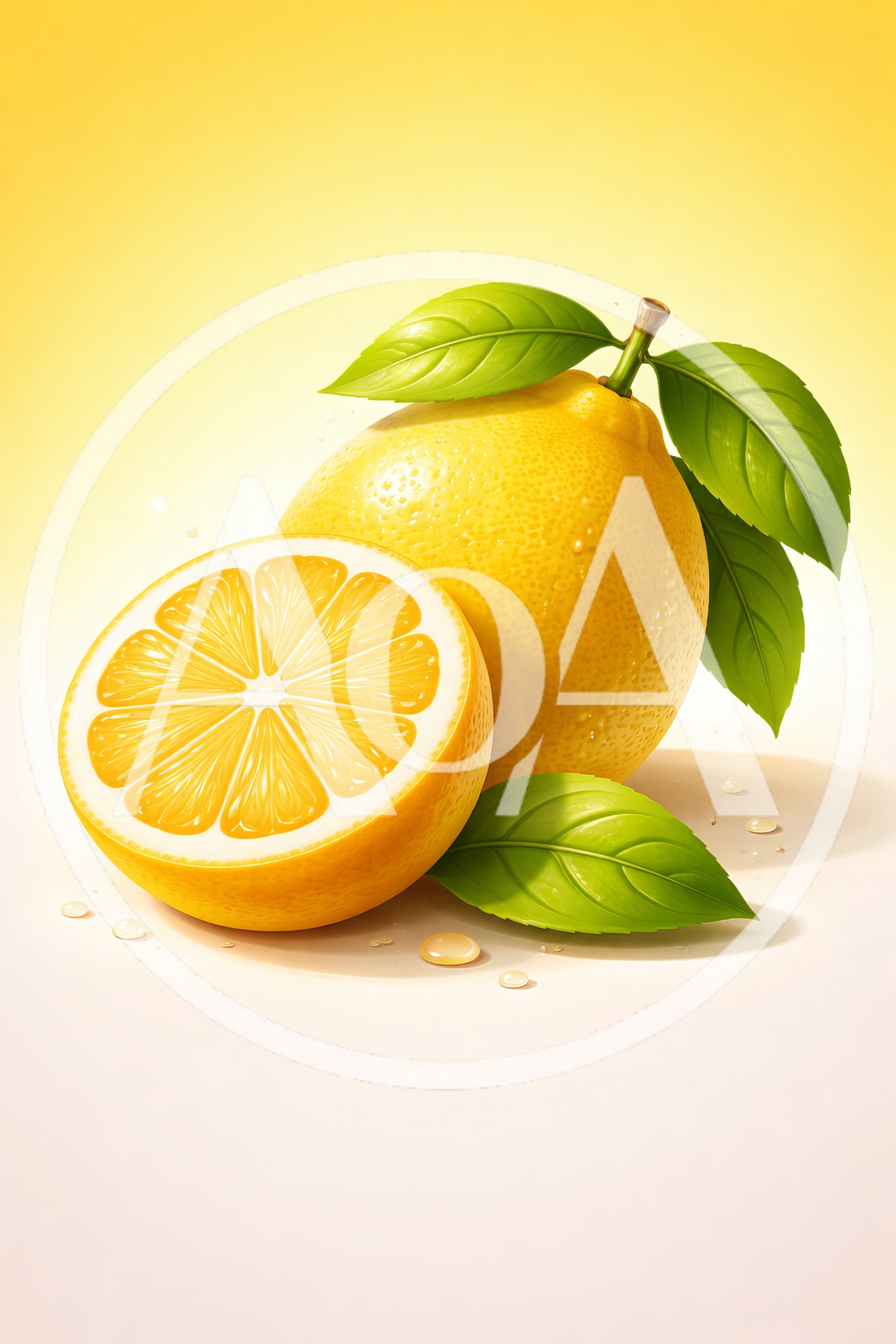 Fresh Whole Lemon And Half Slice With Green Leaves