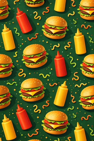 Seamless Pattern of Burgers and Condiments