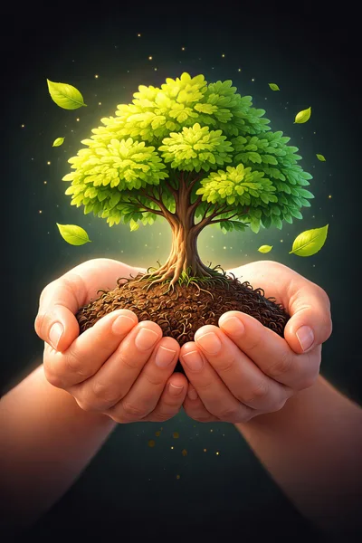 Hands Holding A Small Tree Growing From Soil