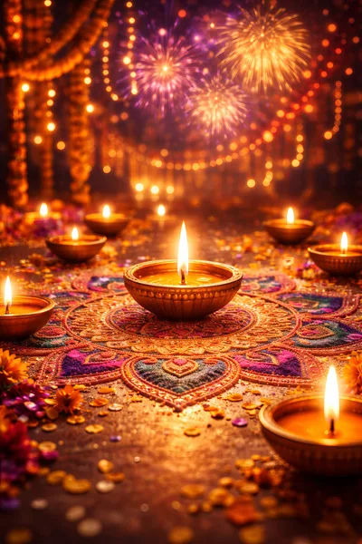 Diwali Celebration With Traditional Oil Lamps And Rangoli