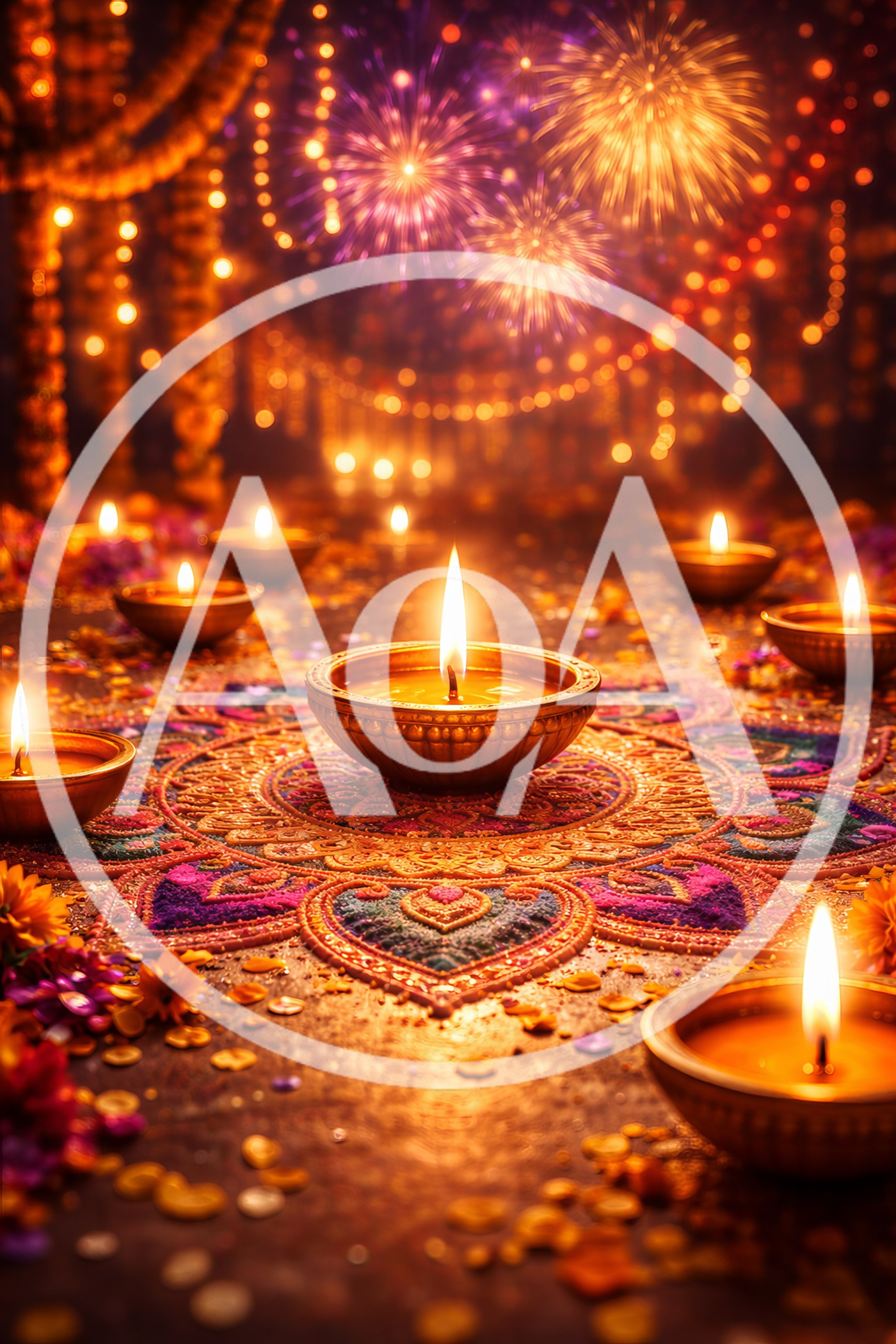 Diwali Celebration With Traditional Oil Lamps And Rangoli