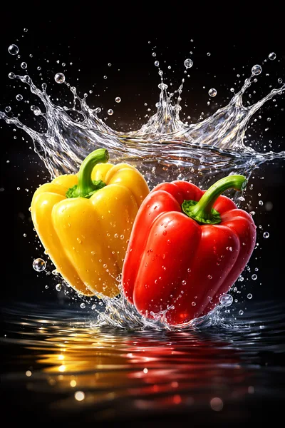Yellow and Red Bell Peppers Splashing in Water