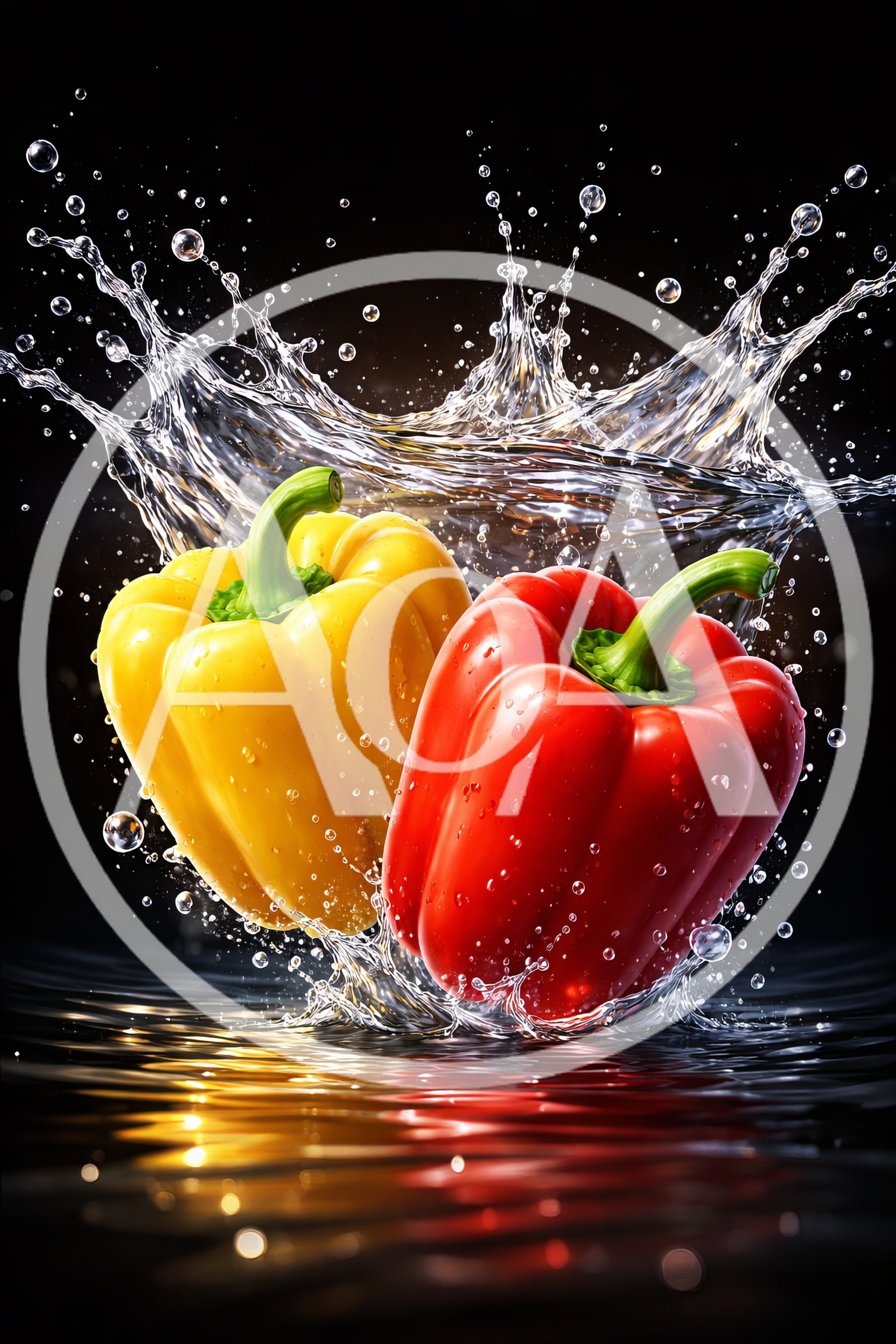 Yellow and Red Bell Peppers Splashing in Water