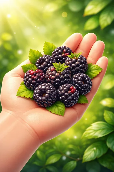 Hand Holding Freshly Picked Blackberries In Sunlight