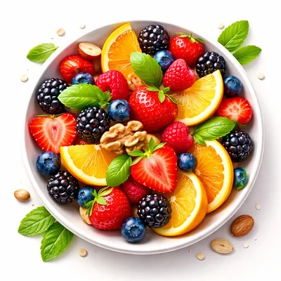 Fresh Fruit Salad Bowl With Berries And Nuts