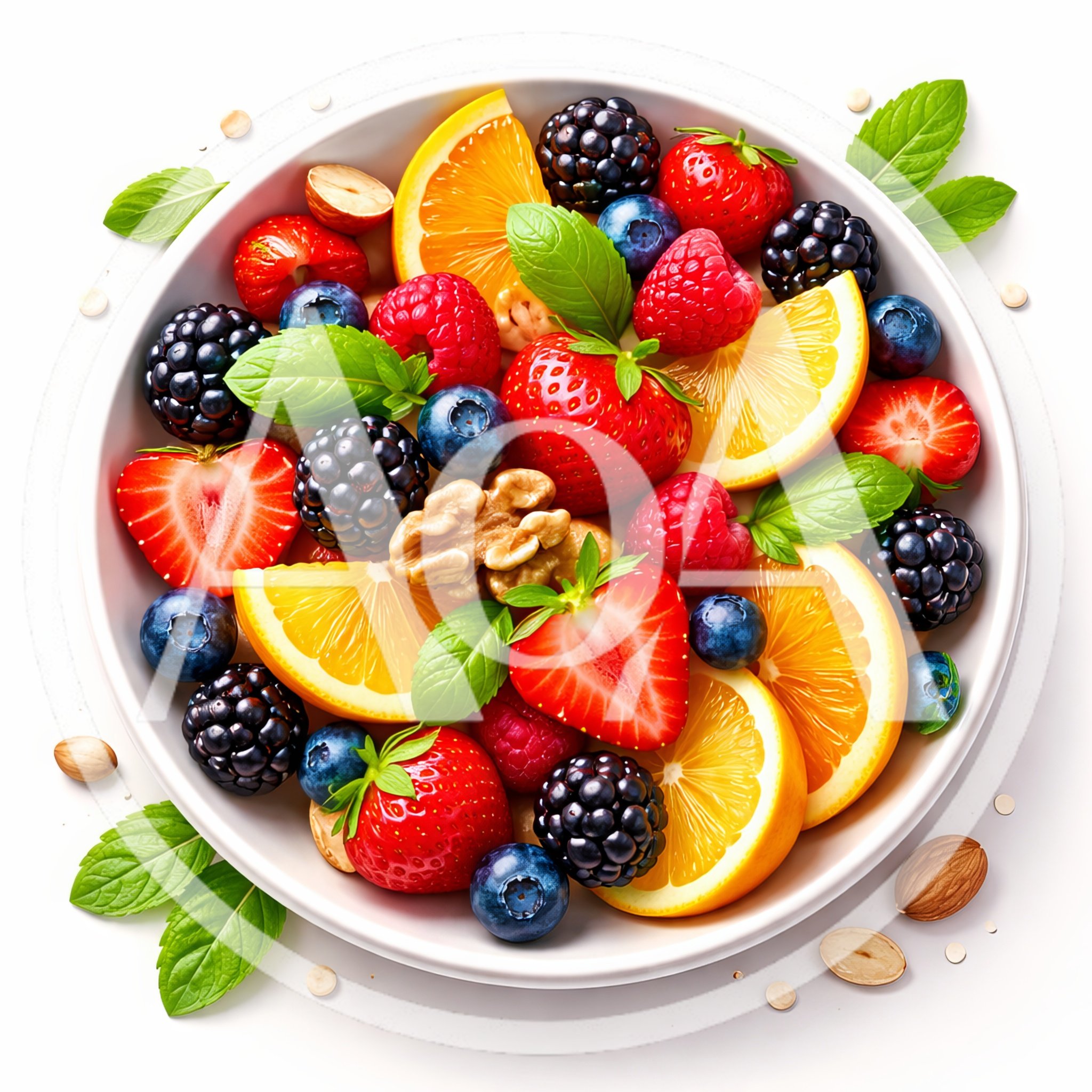 Fresh Fruit Salad Bowl With Berries And Nuts