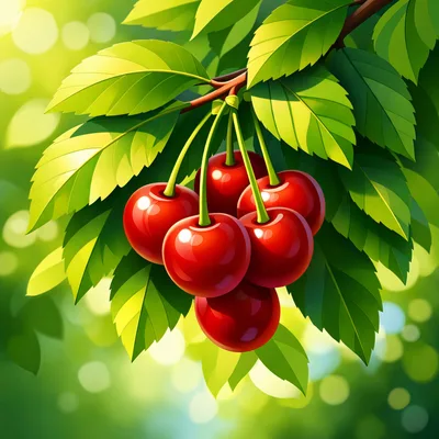 Fresh Red Cherries Hanging From A Tree Branch