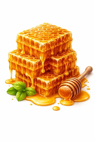 Stacked Honeycombs With Honey Dipper And Mint Leaves