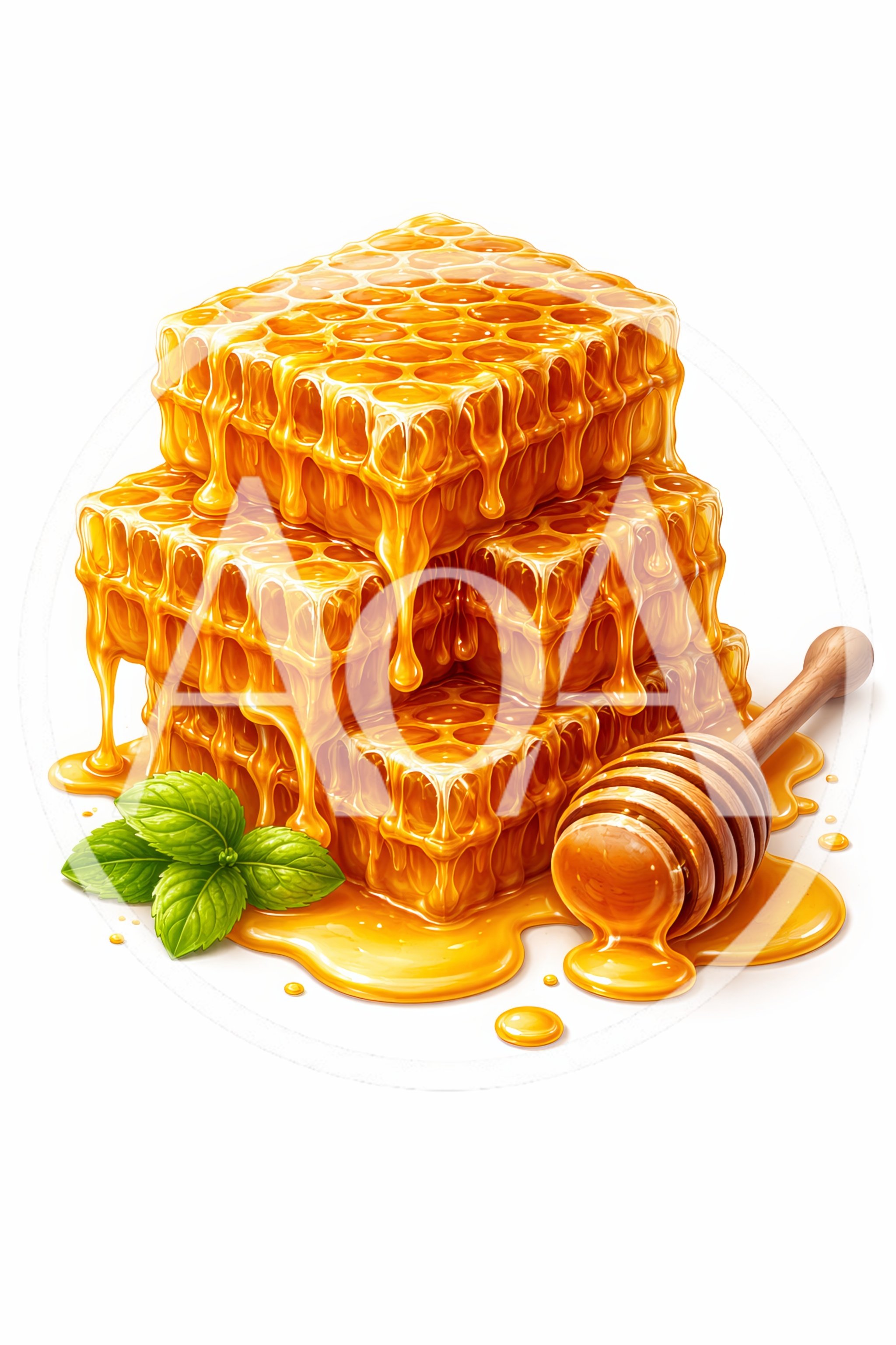 Stacked Honeycombs With Honey Dipper And Mint Leaves