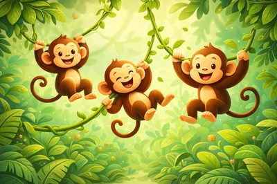 Three Happy Cartoon Monkeys Swinging on Jungle Vines