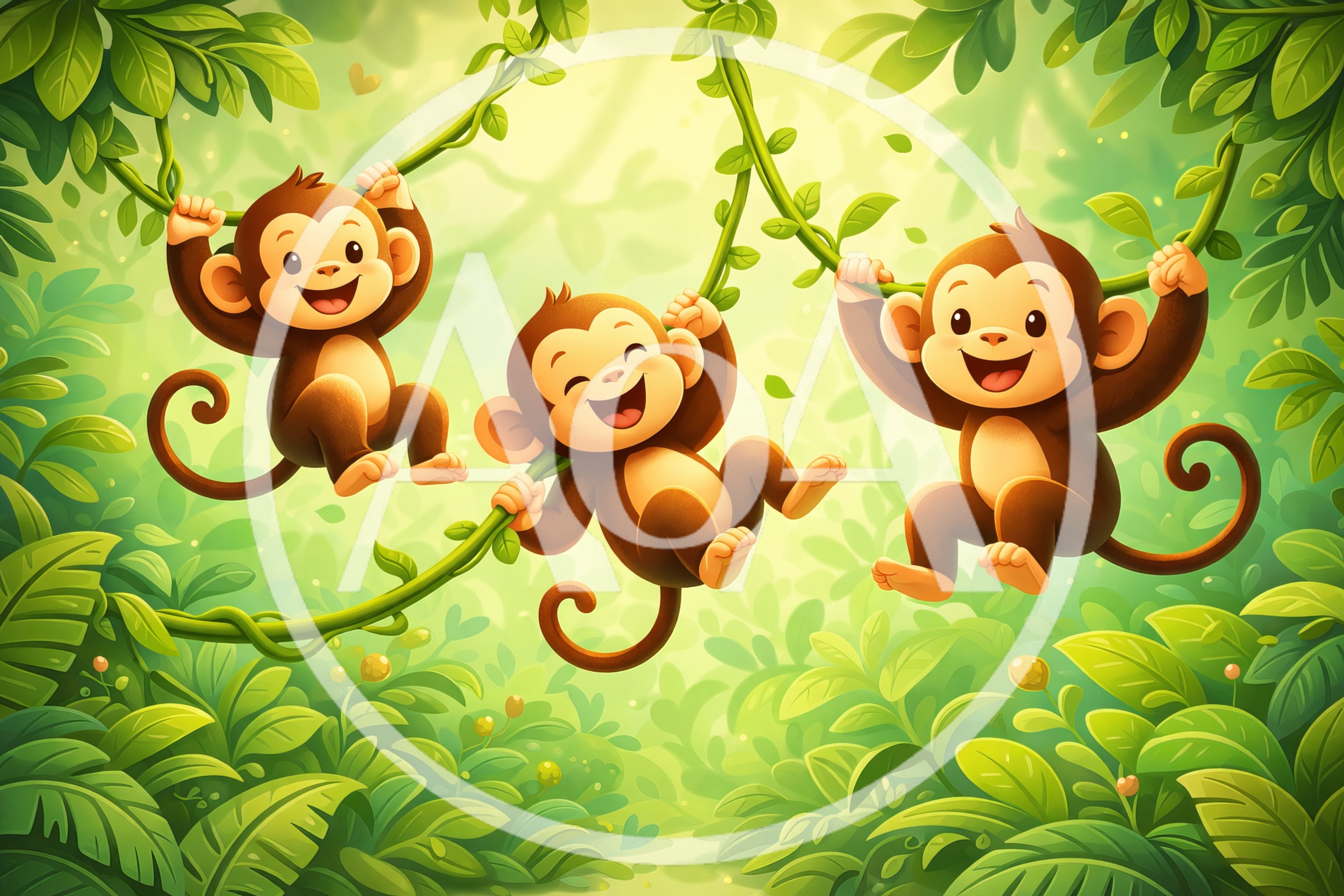 Three Happy Cartoon Monkeys Swinging on Jungle Vines